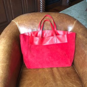 Red leather and suede reversible tote